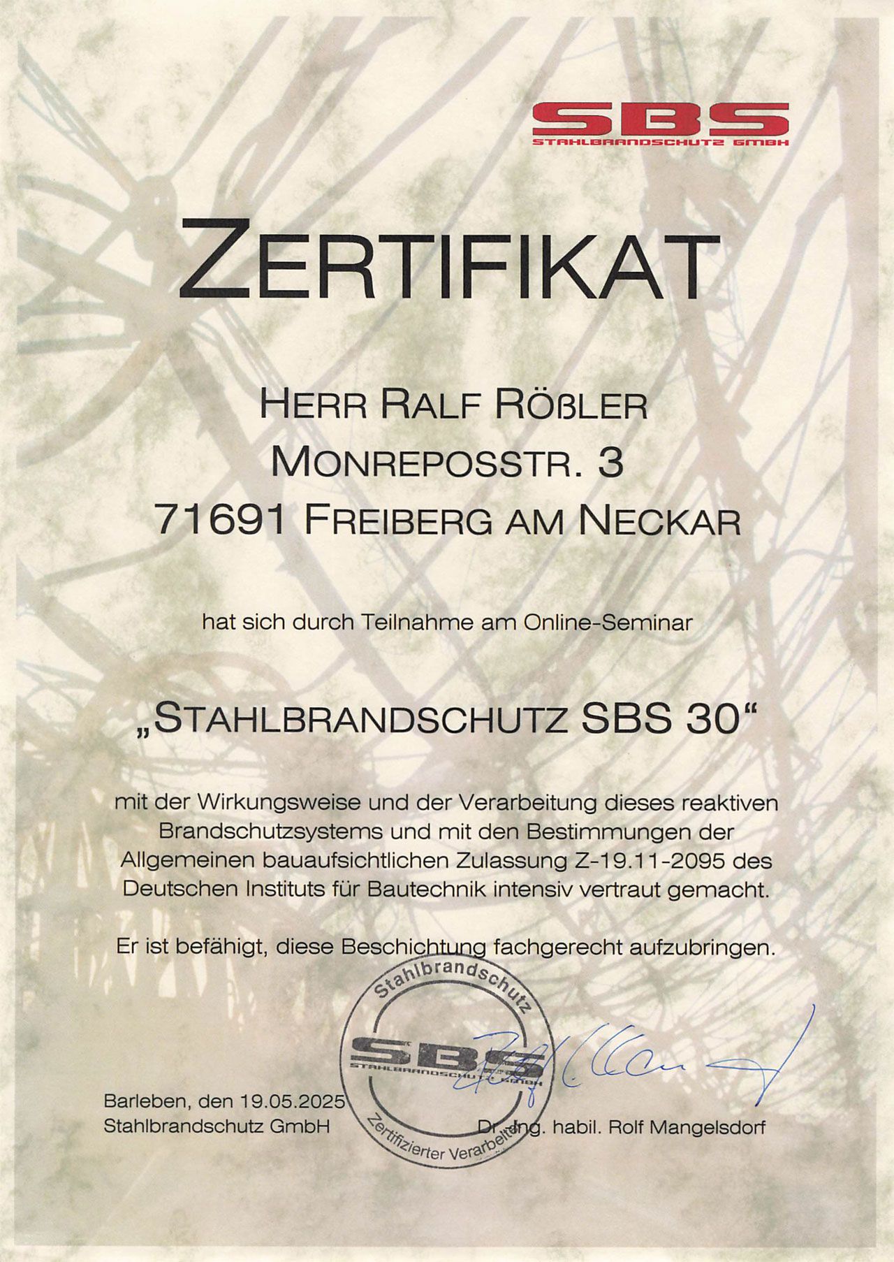  Zertifikat: Stahlbrandschutz SBS 30 